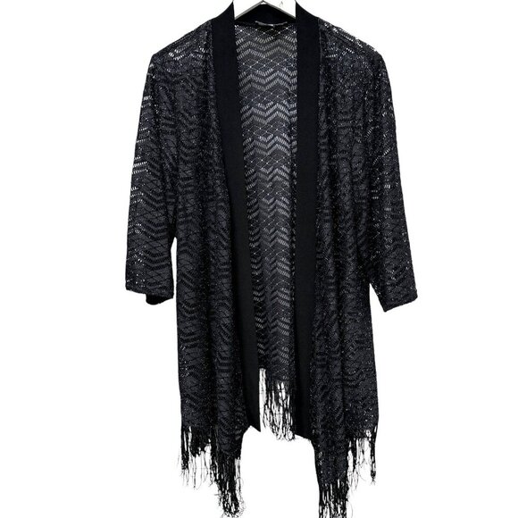 R&M Richards Evening Cardigan Plus Size 18W Black Mesh Metallic Fringe Tunic - Picture 1 of 9
